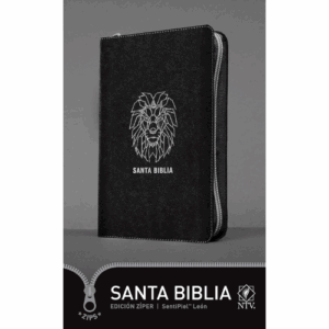 Biblia NTV zíper león con encuadernación en símil piel negra y diseño de león grabado, cierre de cremallera.