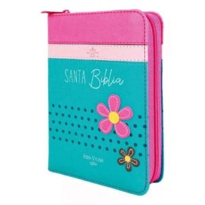 Biblia RV1960 Primor fucsia rosa turquesa flores imitación piel 7.5P