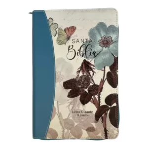 Biblia Reina Valera 1960 Tamaño manual letra gigante 14 puntos imitación piel flores turquesa con cierre
