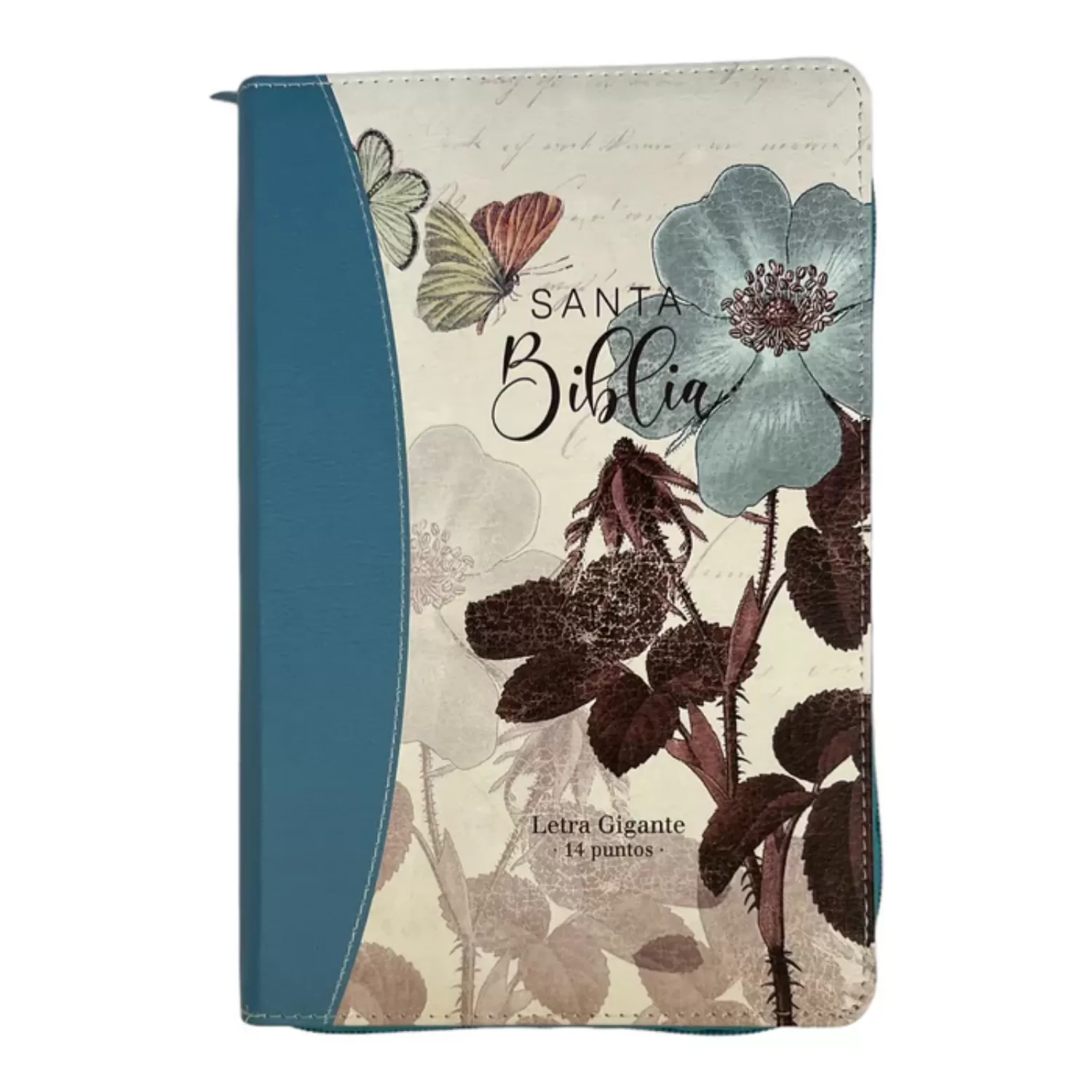 Biblia Reina Valera 1960 Tamaño manual letra gigante 14 puntos imitación piel flores turquesa con cierre