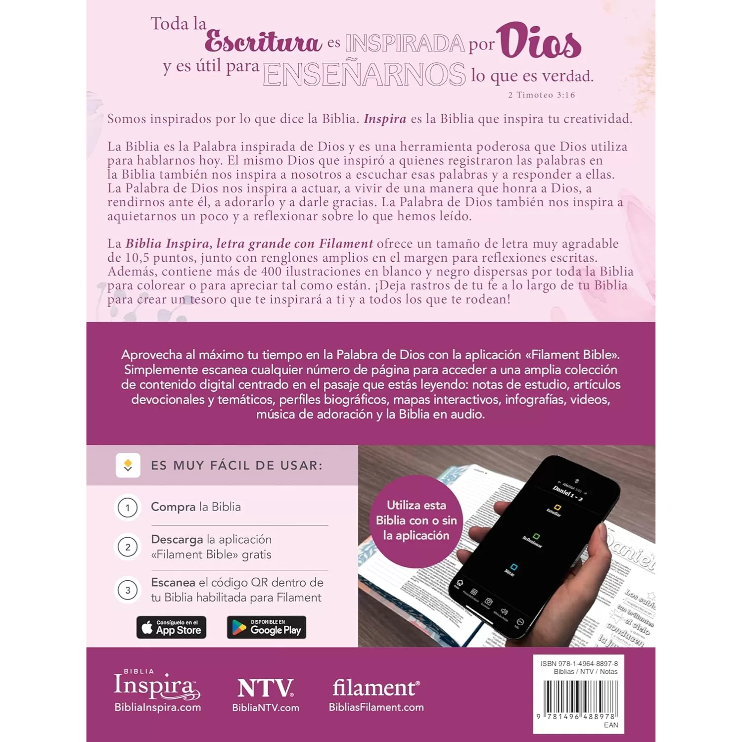Biblia NTV Inspira con filament - Primaveral Semipiel - Leltra Grande 10.5P - Imagen 4